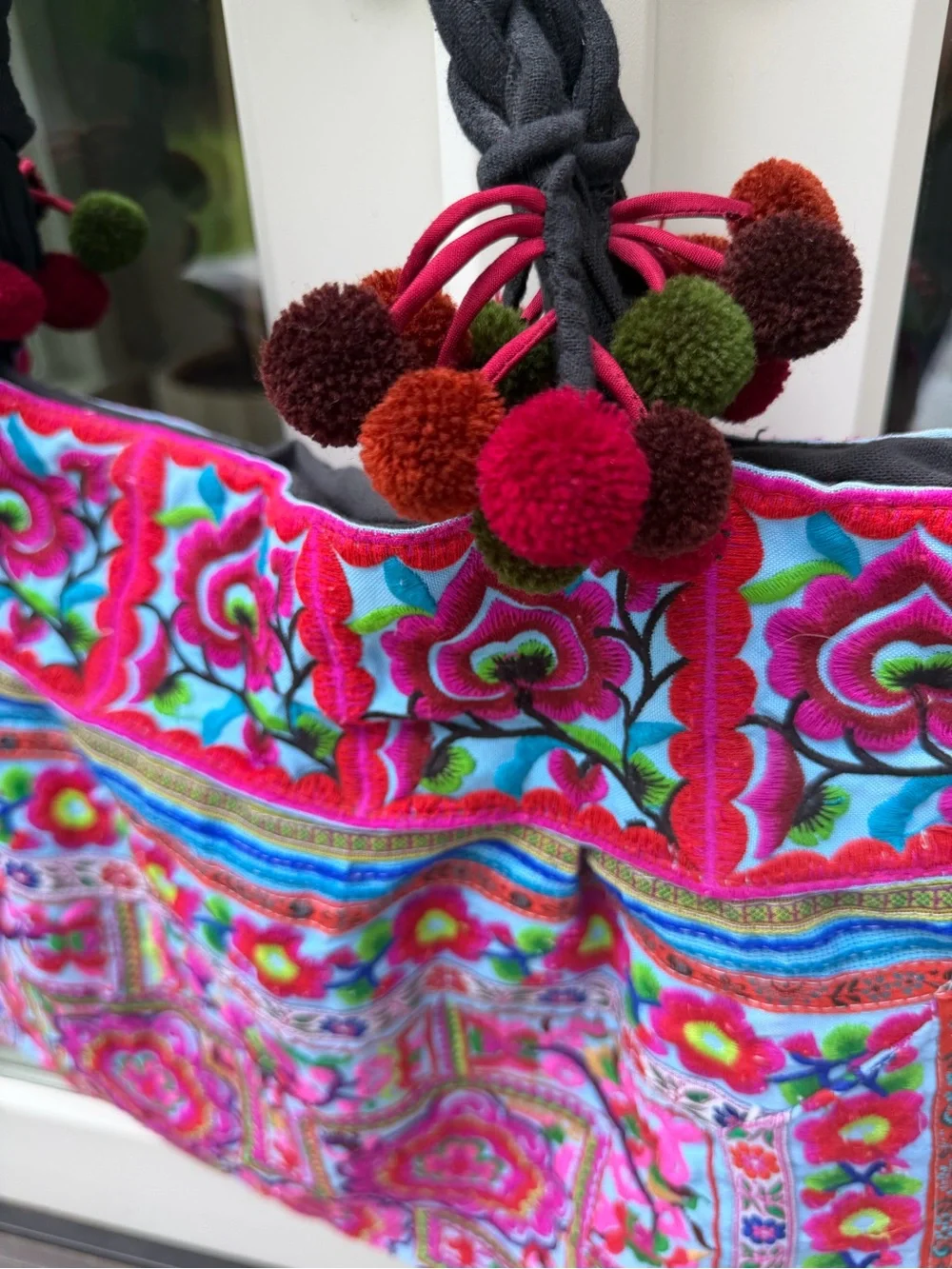 Expressions NYC Boho Embroidered Pom Pom Tote Bag